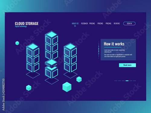 Abstract technology element, big data storage and processing, server room, database data center icon dark neon
