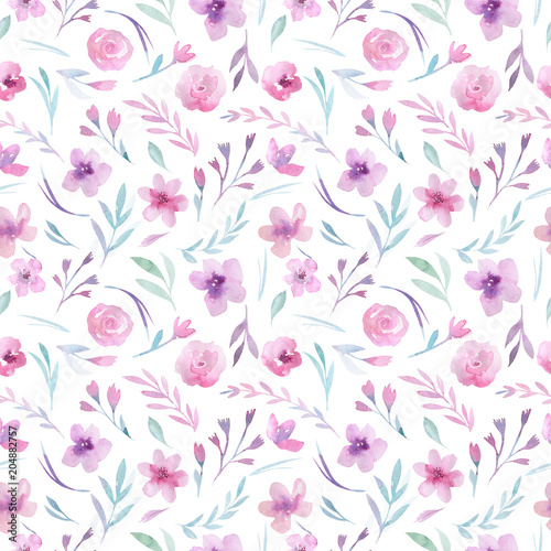 Fototapeta Naklejka Na Ścianę i Meble -  Watercolor floral pattern. Seamless pattern with purple, gold and pink bouquet on white background. Flowers, roses, peonies and leaves