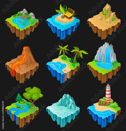 Set of floating platforms with different landscapes. Volcano with lava, desert with cacti, waterfall, island with lighthouse. Vector elements for mobile game