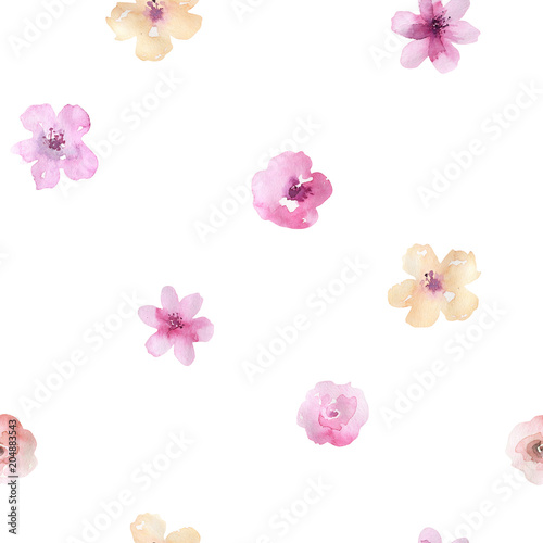 Watercolor floral pattern. Seamless pattern with purple  gold and pink bouquet on white background. Flowers  roses  peonies and leaves
