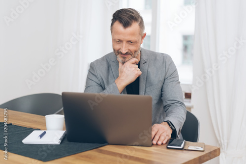 Mature smiling man sitting in front of laptop