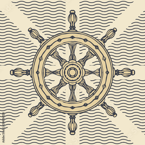 Hand-drawn vector banner with a steering wheel in retro style. Illustration on the theme of travel, adventure and discovery on the background with waves