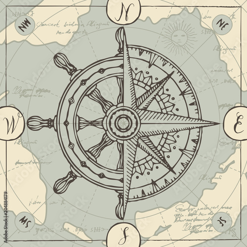 Hand-drawn vector banner with a wind rose, old nautical compass and steering wheel in retro style. Illustration on the theme of travel, adventure and discovery on the background of old map