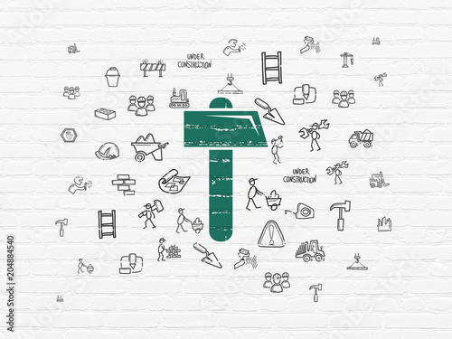 Building construction concept  Painted green Hammer icon on White Brick wall background with  Hand Drawn Construction Icons