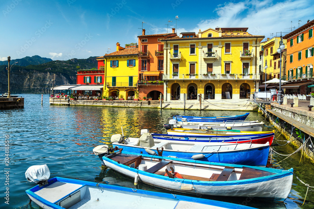 Fishing boats in harbor of Malcesine, Veneto region, Italy, Europe
