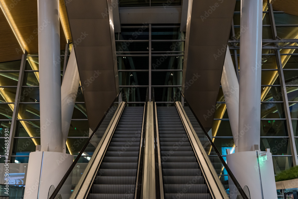 Escalators in modern building close Escalators in modern building close