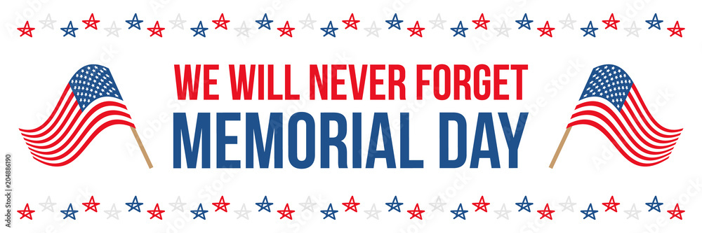 Memorial Day, federal holiday in the USA, horizontal illustration or header with national flags and hand drawn stars.