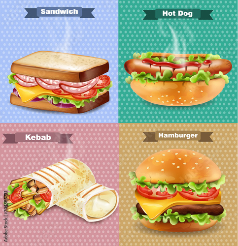Burger, sandwich, hot dog and wrap Vector. Realistic set collections
