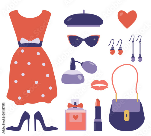 French style clothes and accessories set with polka dotted red dress, beret, sunglasses, handbag, high heel shoes, perfume, earrings and lipstick. Red and violet romantic vintage parisian lady wear.