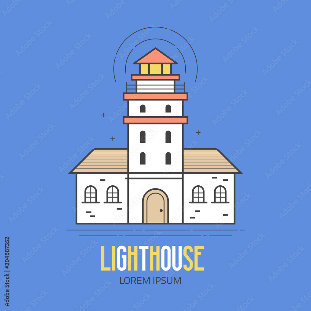 Lighthouse logo or label template in linear style. Sea light house logotype in thin line design. Old pharos or seamark beam outline icon.