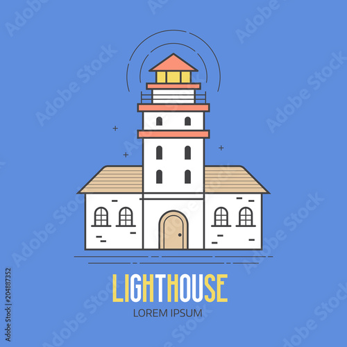Lighthouse logo or label template in linear style. Sea light house logotype in thin line design. Old pharos or seamark beam outline icon.