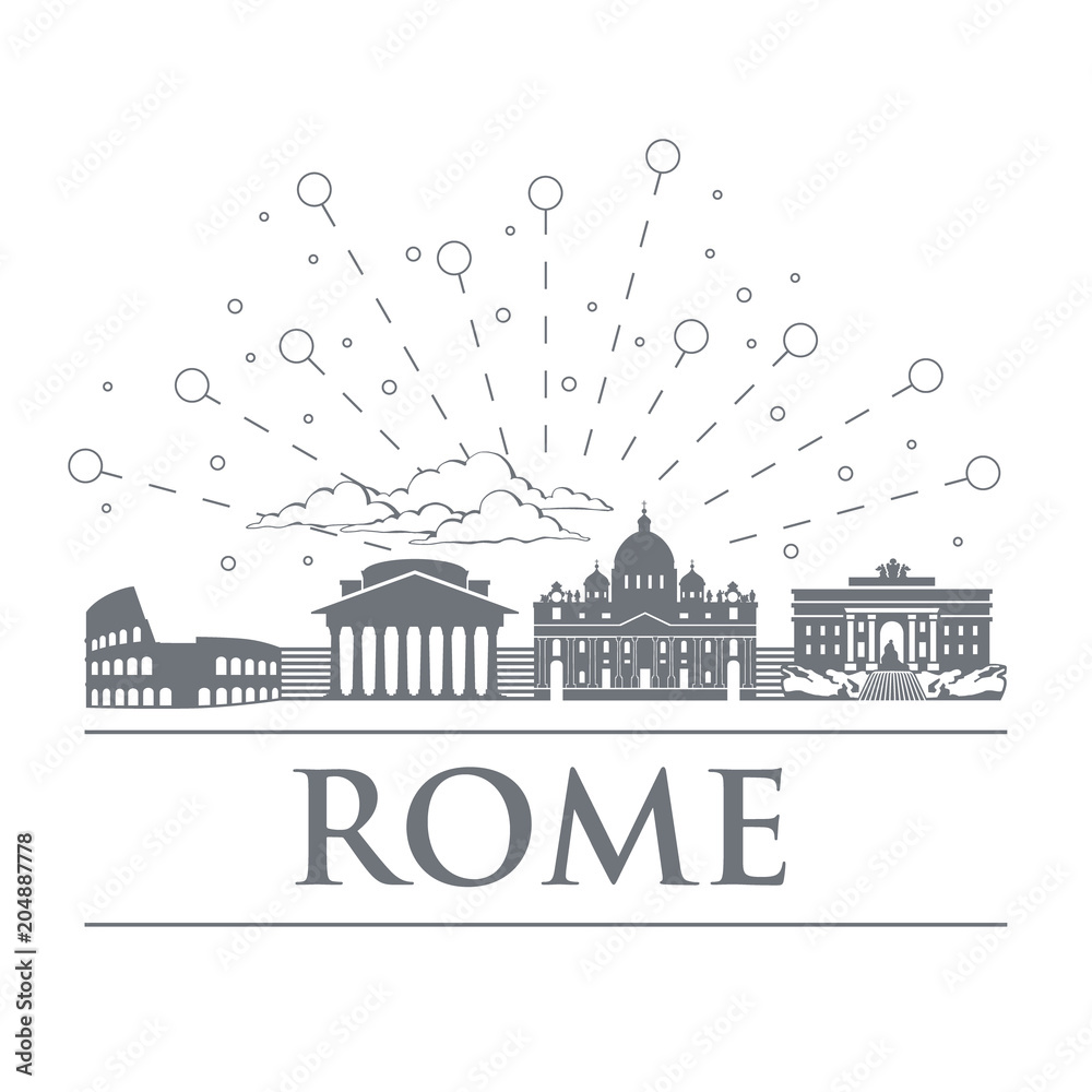 Panorama of the badges, icons, symbols of Italy. Objects are noble gray color. City of Rome.