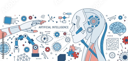 Horizontal colorful banner with robot or android, robotic arm, innovative electronic devices and gear wheels on white background. Artificial intelligence or AI. Vector illustration in line art style.