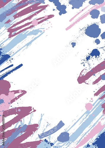 Vertical backdrop with colorful paint stains, blots and brush strokes on whit...