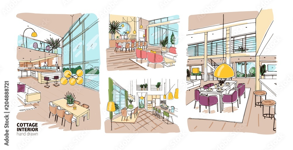 Bundle of colorful drawings of summer cottage interiors full of stylish and comfy furniture. Set of hand drawn house rooms furnished in modern Scandinavian style. Realistic vector illustration.