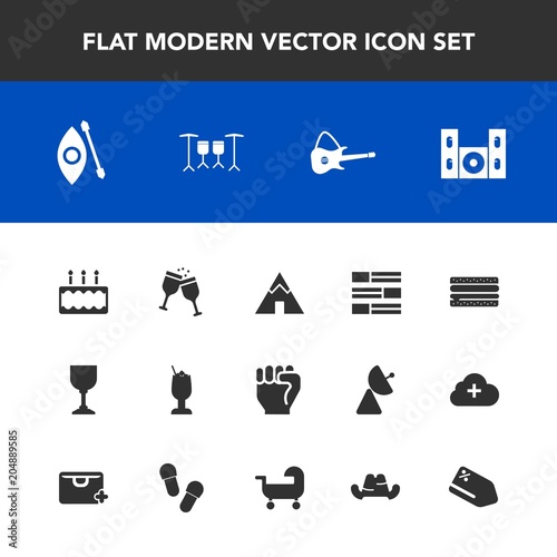Modern, simple vector icon set with sweet, musical, human, cocktail, music, food, kayaking, travel, cinema, concept, adventure, water, speaker, alcohol, home, video, internet, burger, sign, tent icons