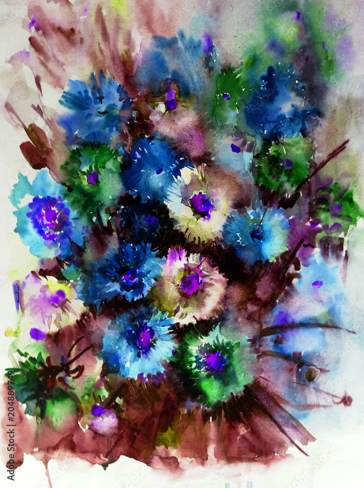 Obraz Streszczenie jasne kolorowe tło dekoracyjne. Kwiatowy wzór ręcznie. Piękny, delikatny, romantyczny bukiet kwiatów asteru, wykonany w technice akwareli z natury.