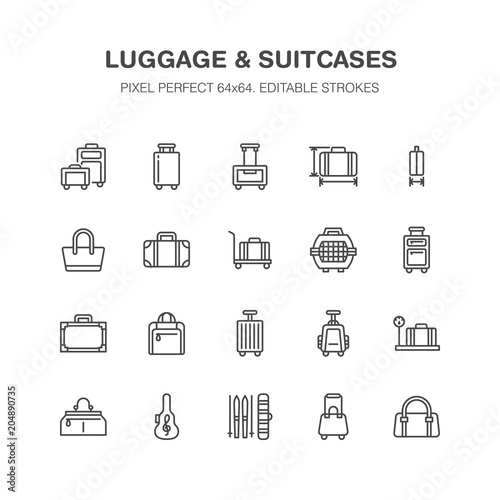Luggage blue flat line icons. Carry-on, hardside suitcases, wheeled bags, pet carrier, travel backpack. Baggage dimensions and weight thin linear signs. Pixel perfect 64x64.