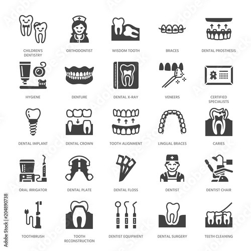 Dentist, orthodontics flat glyph icons. Dental equipment, braces, tooth prosthesis, veneers, floss, caries treatment medical elements. Dentistry clinic Solid silhouette pixel perfect 64x64.