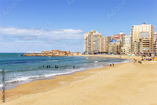 Alexandria, Egypt, 21 February 2018: Beach and buildings
