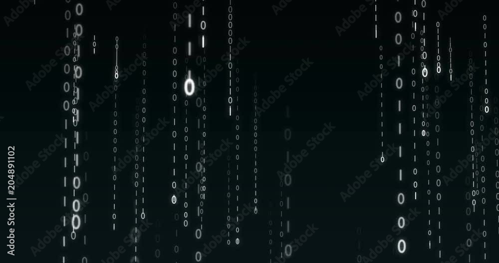 Strings of 0 and 1 fall from top to bottom in data matrix created in cyberspace. Flow of digital data in a datacenter. Concept for communications via digital network, binary code, security and privacy