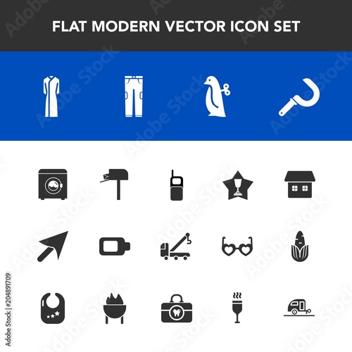 Modern, simple vector icon set with animal, place, caravan, communication, mobile, dress, penguin, wash, children, harvesting, cursor, home, toy, old, battery, message, post, car, award, web icons