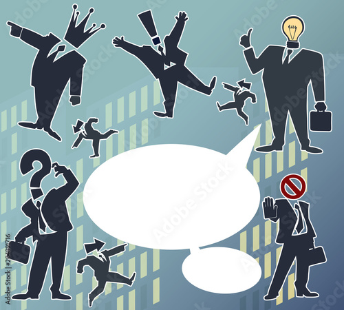 Cartoon set of funny and awesome team of amazing business characters in silhouette