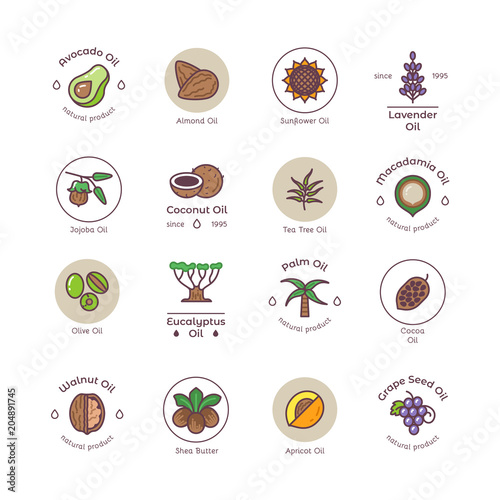 Healthy bio cosmetics oil linear vector logos