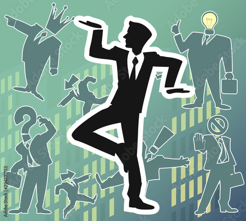 Cartoon set of funny and awesome team of amazing business characters in silhouette