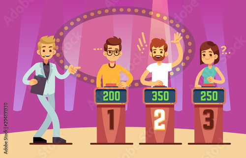 Clever young people playing quiz game show. Cartoon vector illustration