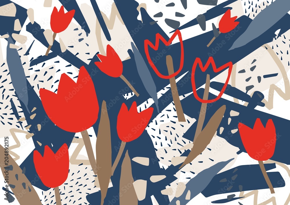 Fototapeta Abstrakcjonistyczny tło z stylizowanymi czerwonymi kwitnącymi tulipanowymi kwiatami. Niezwykłe kolorowe tło poziome z naturalnymi dekoracjami. Ilustracja kreatywnych ozdobny wektor w stylu współczesnym.