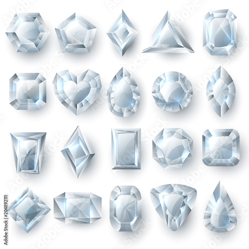 Silver diamonds gems, cutting stones jewellery vector set isolated on white background