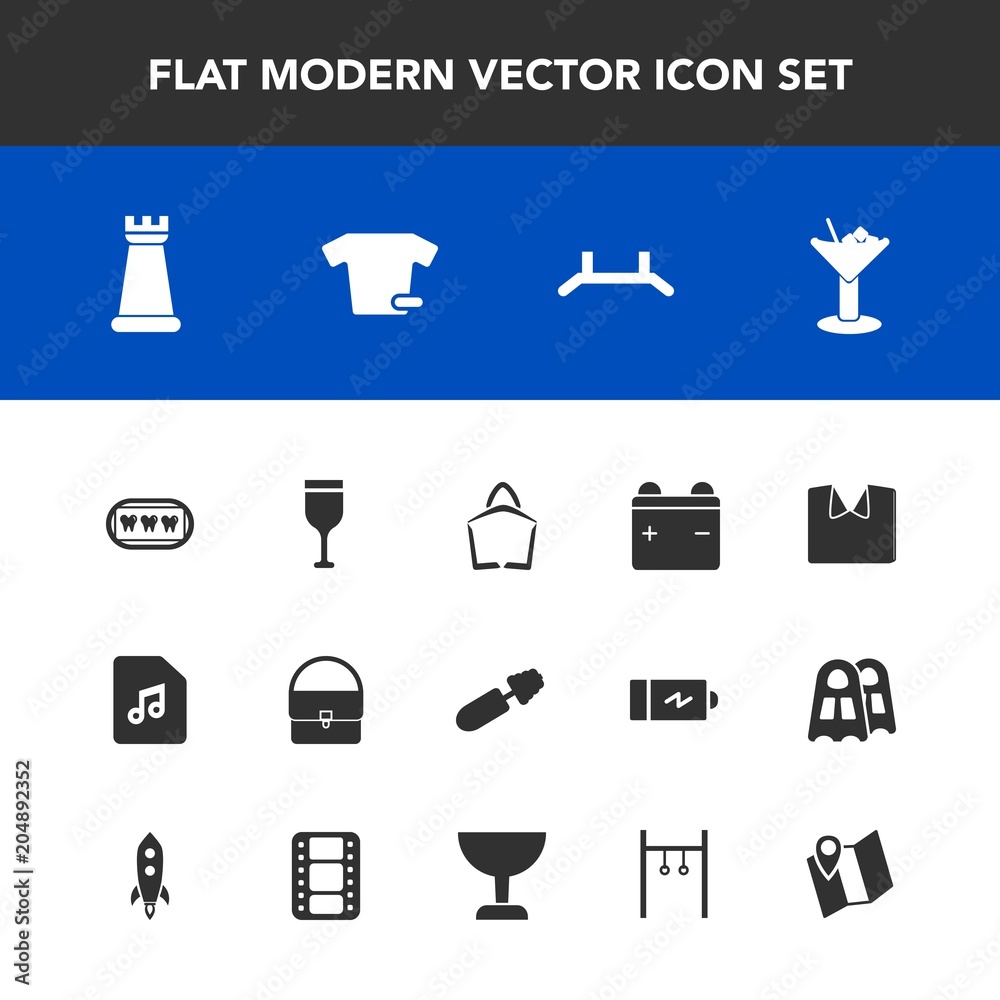 Modern, simple vector icon set with pin, bag, piece, brush, mascara, wine,  white, full, road, health, sound, game, location, travel, alcohol,  cocktail, king, red, athlete, makeup, sport, fashion icons Stock Vector