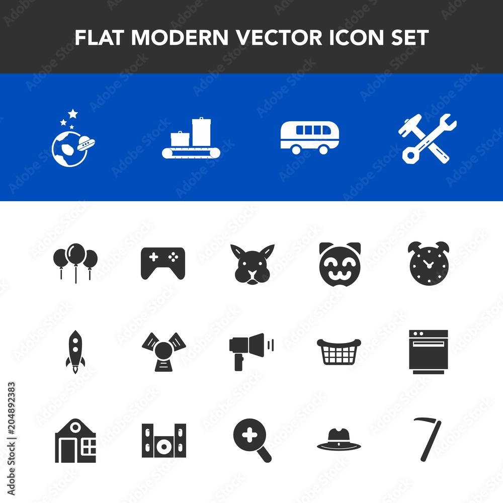 Modern, simple vector icon set with rocket, speed, road, clock, asian, science, play, alarm, animal, kitty, cold, watch, cowboy, travel, hammer, spaceship, megaphone, bus, sheriff, exploration icons Modern, simple vector icon set with rocket, speed, road, clock, asian, science, play, alarm, animal, kitty, cold, watch, cowboy, travel, hammer, spaceship, megaphone, bus, sheriff, exploration icons