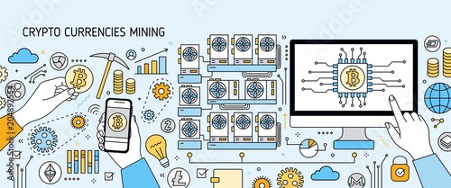 Horizontal colorful banner with computer display, hand holding phone, bitcoin symbols. Cryptocurrency or digital currency mining rig, farm or equipment. Vector illustration in line art style.