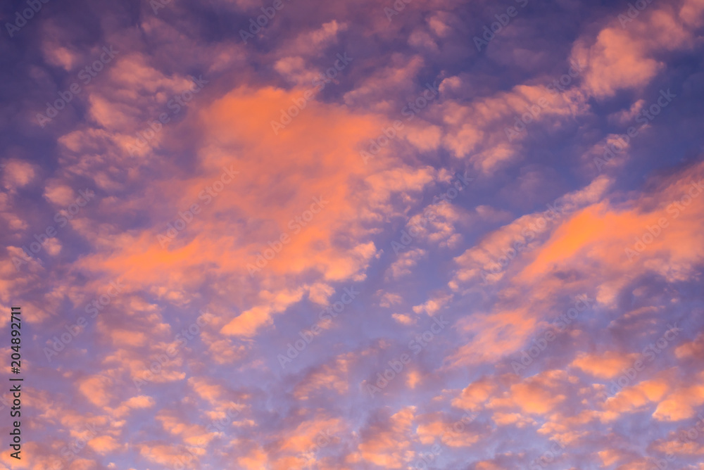 Sky with clouds at sunset - pink illumination of clouds in the evening