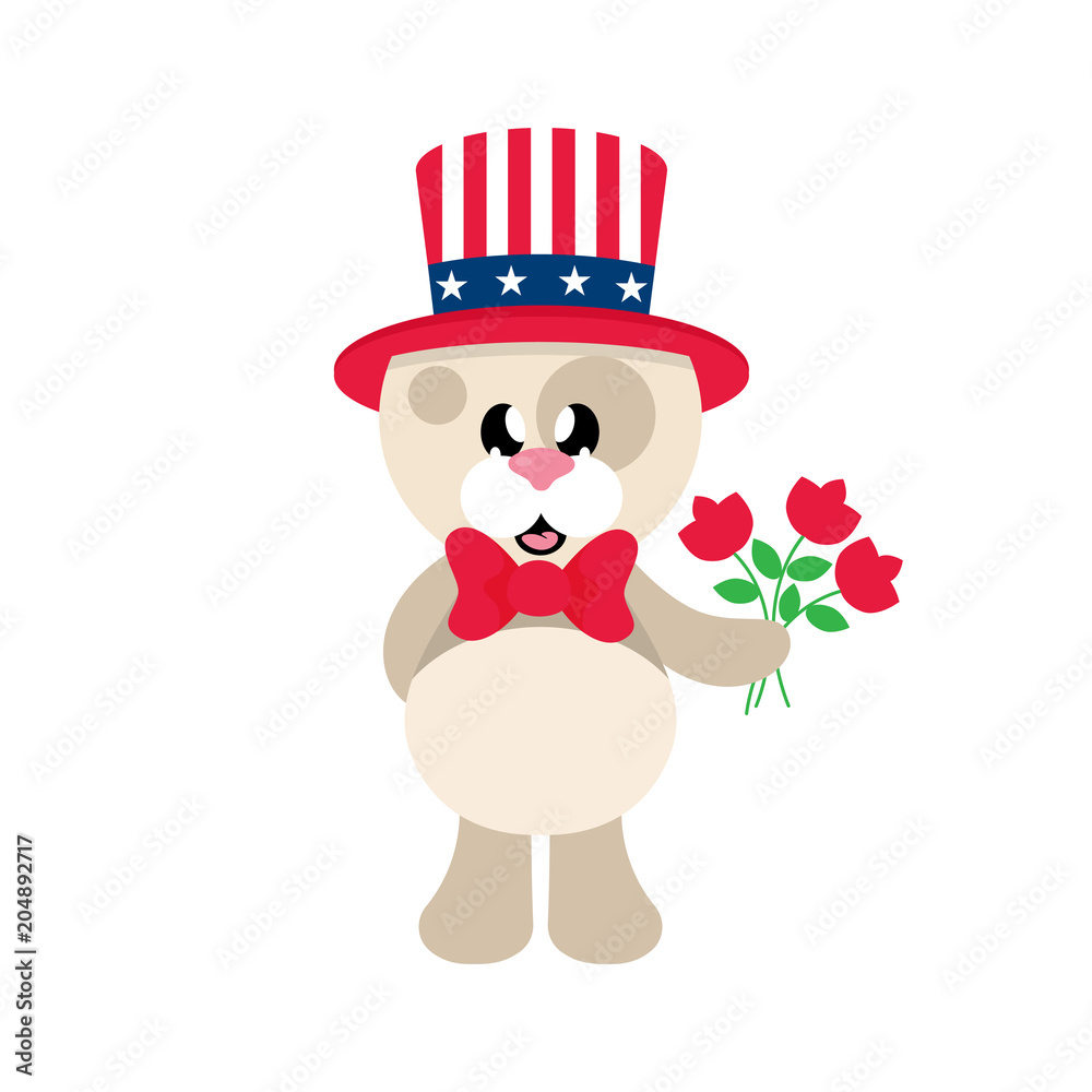 Naklejka premium 4 july cartoon cute dog in hat with flowers