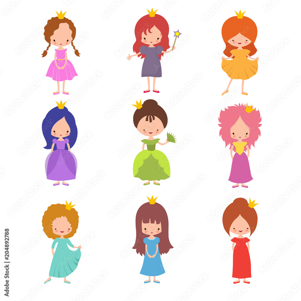 Kids fashion show characters. Little princesses girls vector set