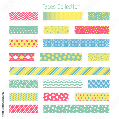Scotch with trendy geometric pattern. Adhesive tape for scrapbook vector set