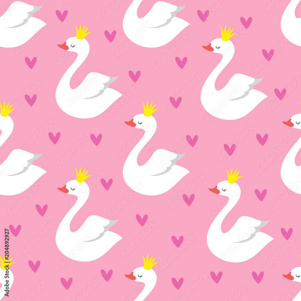 Cute swan princess with crown seamless vector pattern on pink background Cute swan princess with crown seamless vector pattern on pink background