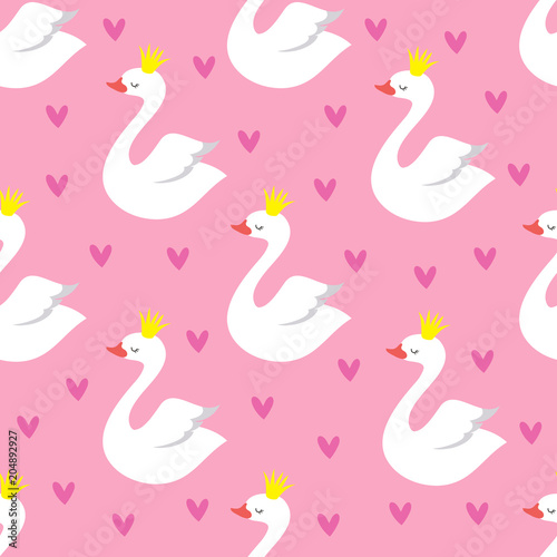 Cute swan princess with crown seamless vector pattern on pink background