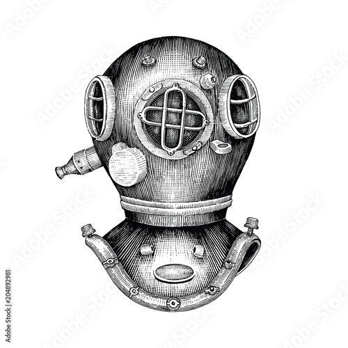 Diving helmet hand drawing vintage style