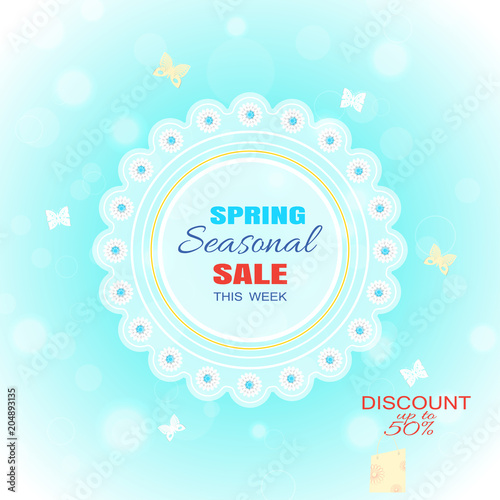 Vector advertising poster for Spring Seasonal Sale on the gradient bluebackground with flowers, butterflies and glow.
