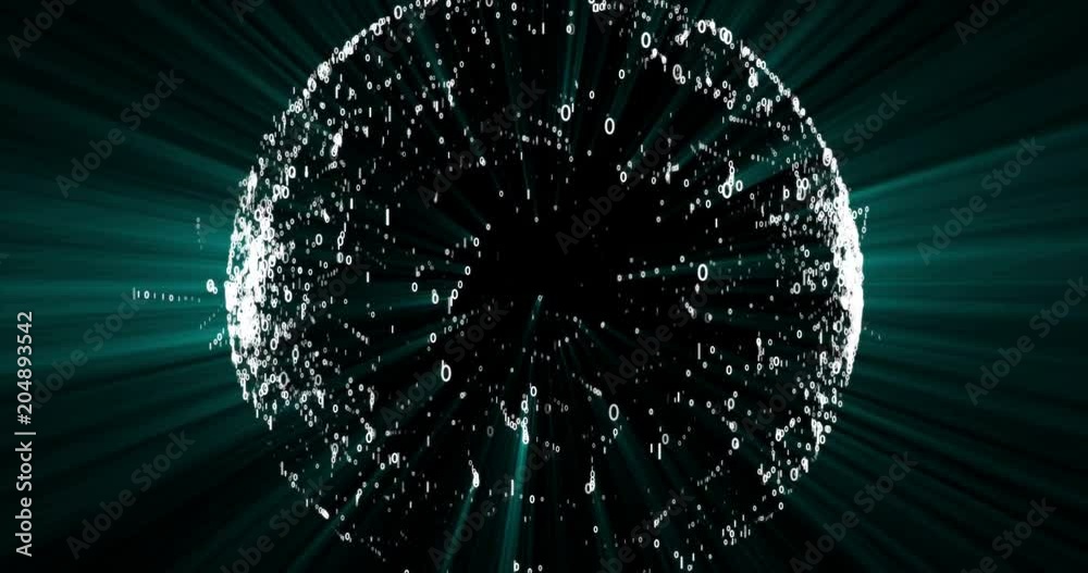 Sphere with two blue poles from which information is released. Packets of 0 and 1 connecting the globe. Communication between 2 extremes, exchange of digital information on Earth. Internet datacenter