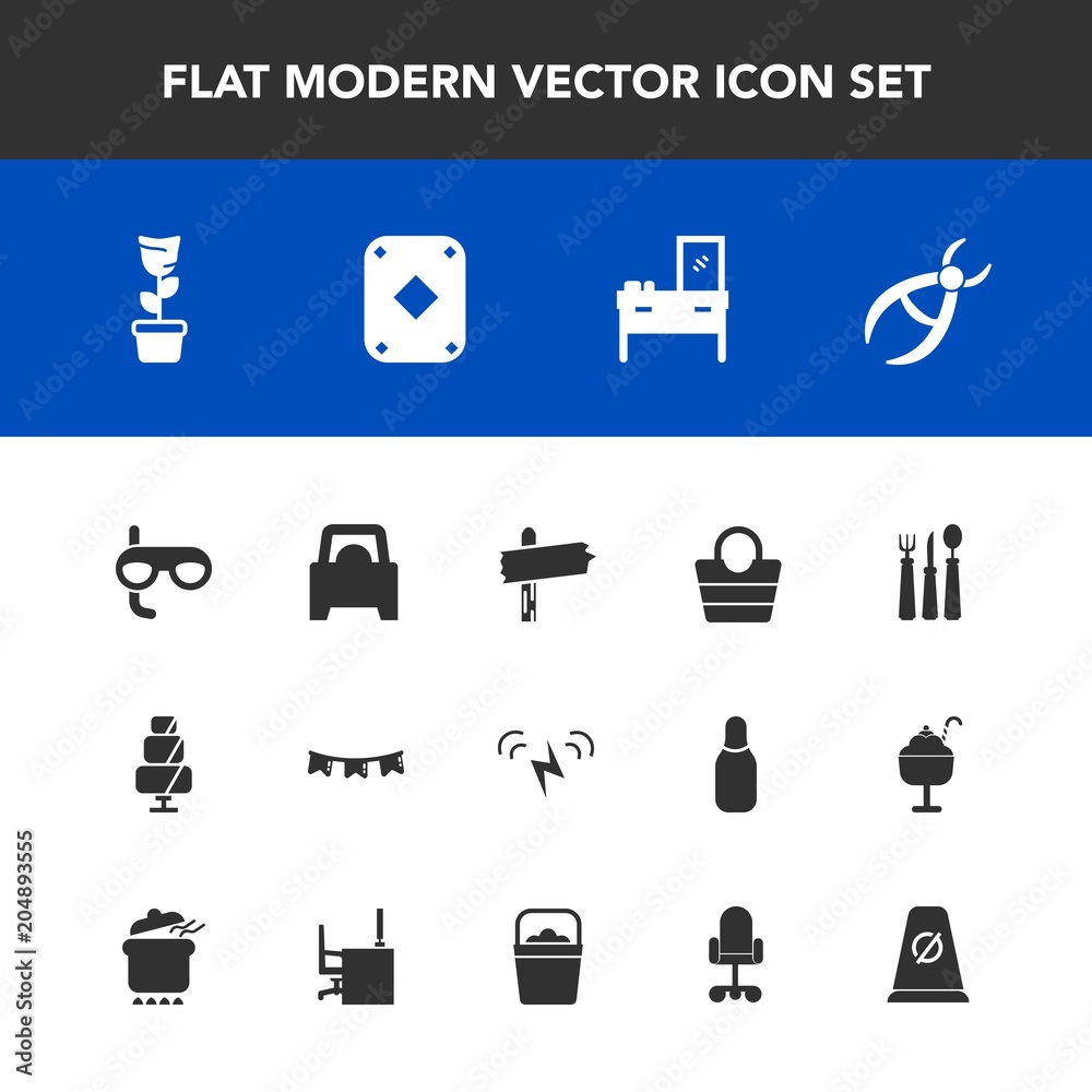 Modern, simple vector icon set with leather, car, dentistry, doughnut, fork, direction, flag, mask, game, spoon, poker, cabinet, home, restaurant, business, style, drill, medical, celebration icons