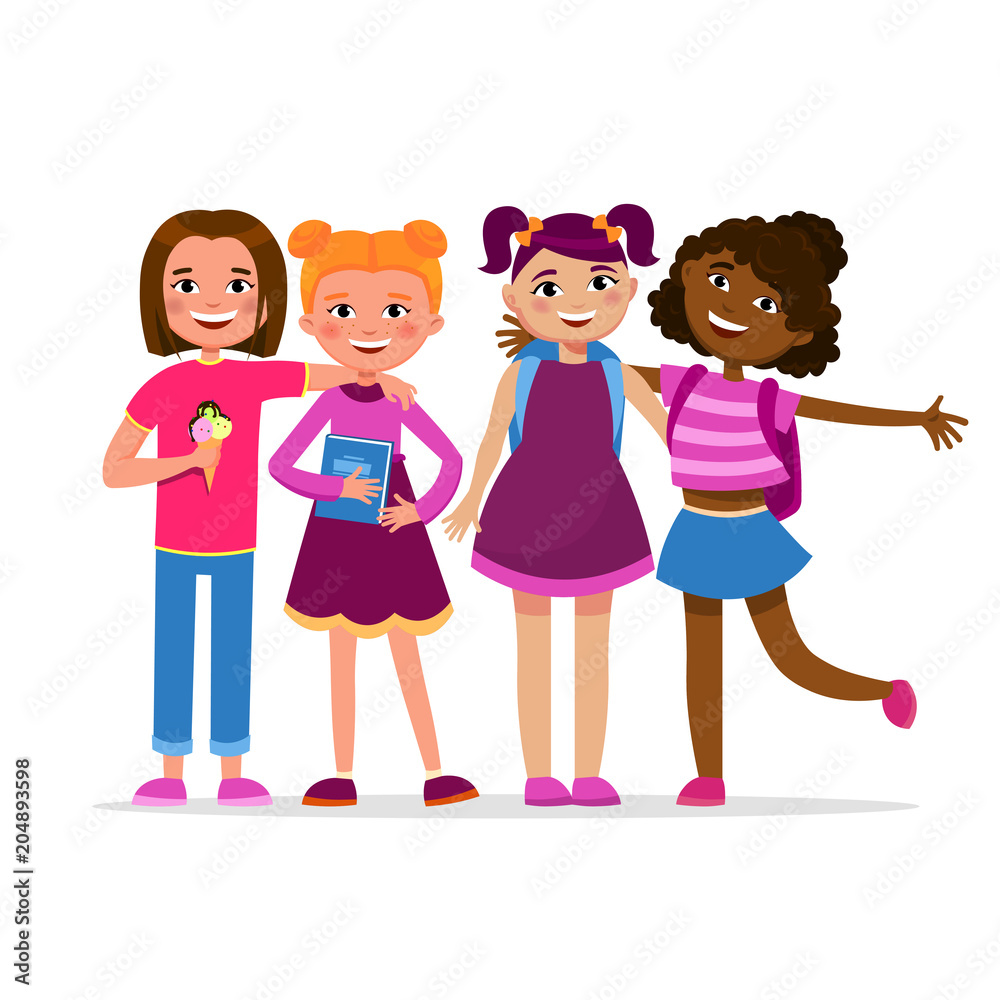 Cute girls having fun standing together vector cartoon characters isolated  on white background. School Girl friendship concept flat illustration.  Students in various poses hugging, smiling. Stock Vector | Adobe Stock