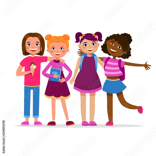 Cute girls having fun standing together vector cartoon characters isolated on white background. School Girl friendship concept flat illustration. Students in various poses hugging, smiling.
