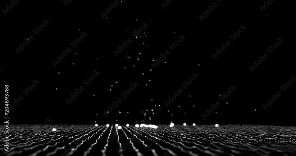 Luminous spheres fall from top and bounce off a grid of moving dots generating other spheres. Bright spheres fall as rain drops on a floor. Abstract rain simulation of data and information on network