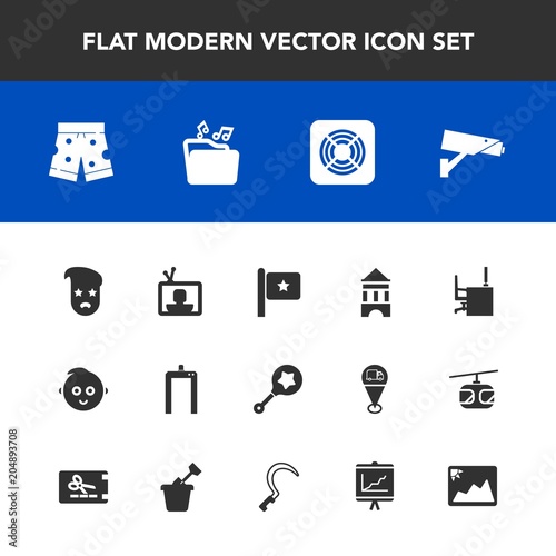 Modern, simple vector icon set with white, surveillance, sign, music, business, fashion, machine, retro, style, wear, flag, tv, child, cute, graphic, scan, safety, air, shorts, hipster, security icons