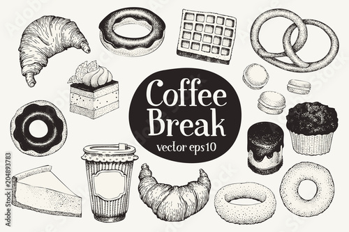 Coffee break. Dessert set. Vector hand drawn illustrations. Food vintage style. Can be use for bakery and cafe menu.